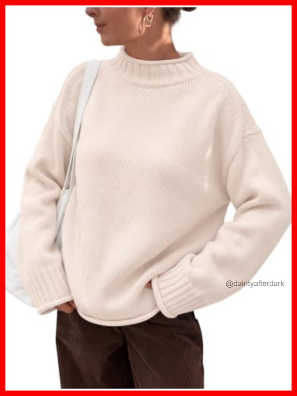 Oversized Mock Neck Knit Sweater Pullover Cotton Blend Rolled Edges